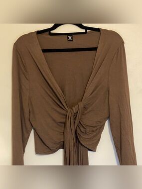 Plus size Brown Tie-Front Long Sleeve Crop Top